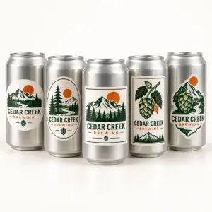 Custom printed white labels applied to silver brite cans