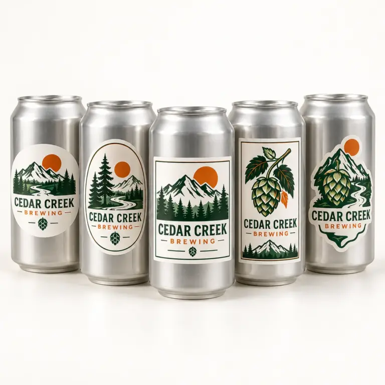 Custom printed white labels applied to silver brite cans