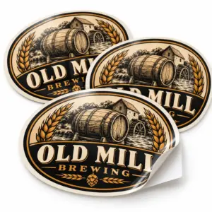 Custom Brewery Oval Stickers with illustrative custom brewery artwork