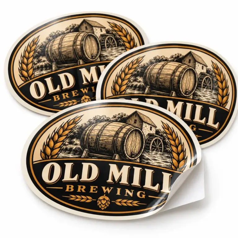 Custom Brewery Oval Stickers with illustrative custom brewery artwork