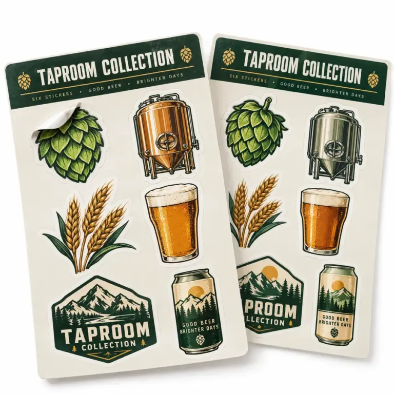 Custom Brewery Sticker Sheets with illustrative custom brewery artwork