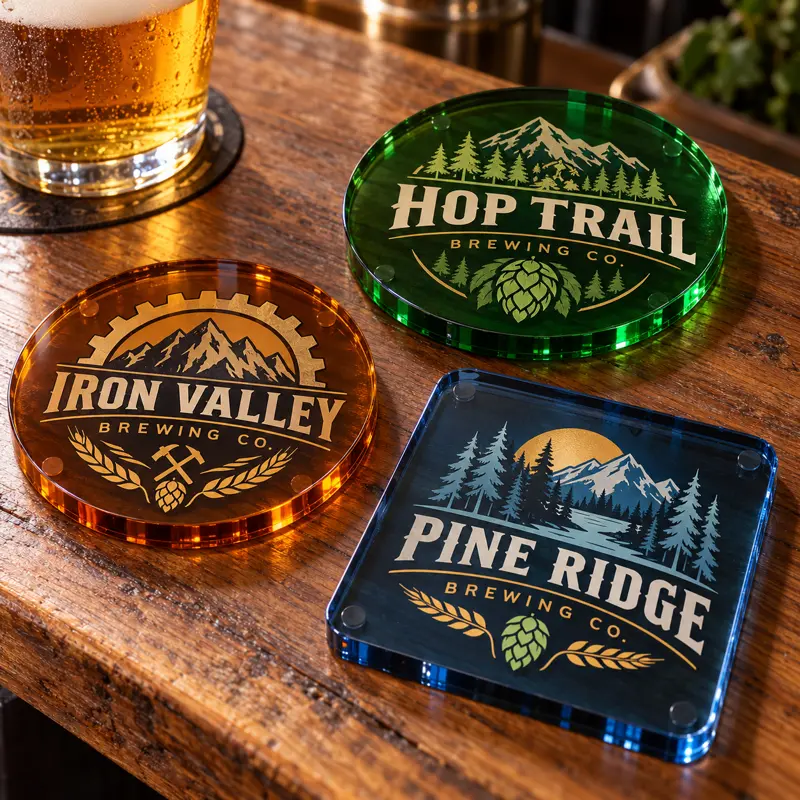 Illustrative colored acrylic brewery coasters with different brewery logo samples