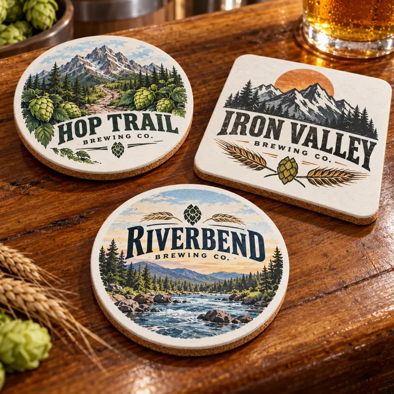 Illustrative fiberboard brewery coasters with different brewery logo samples