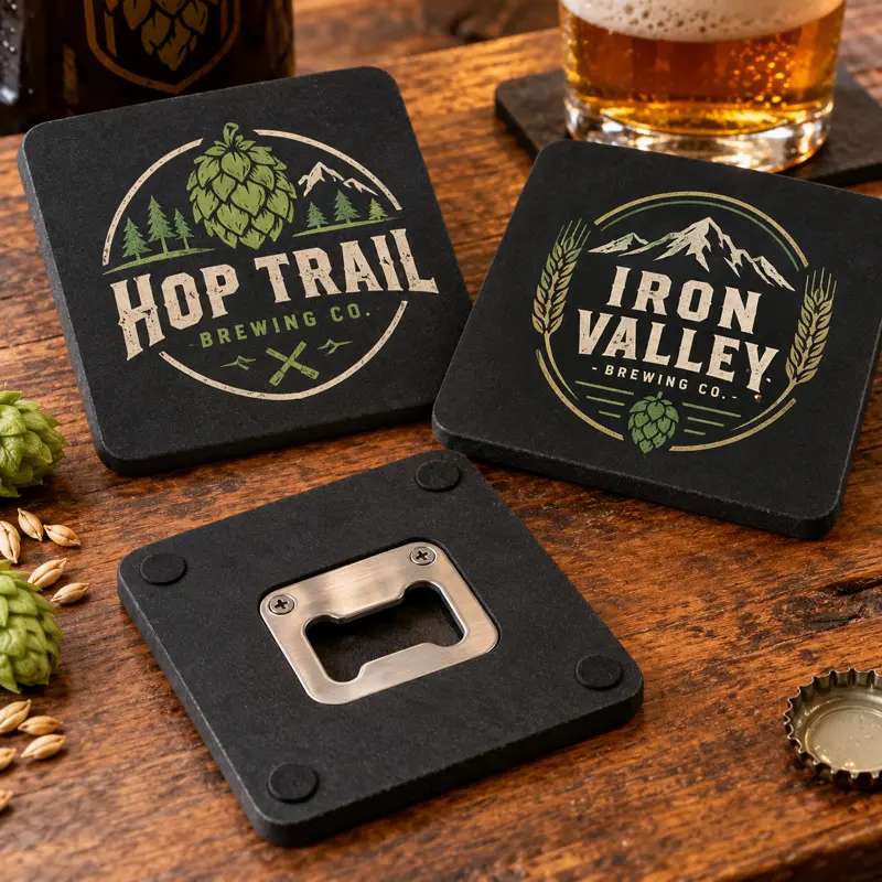 Illustrative opener brewery coasters with different brewery logo samples