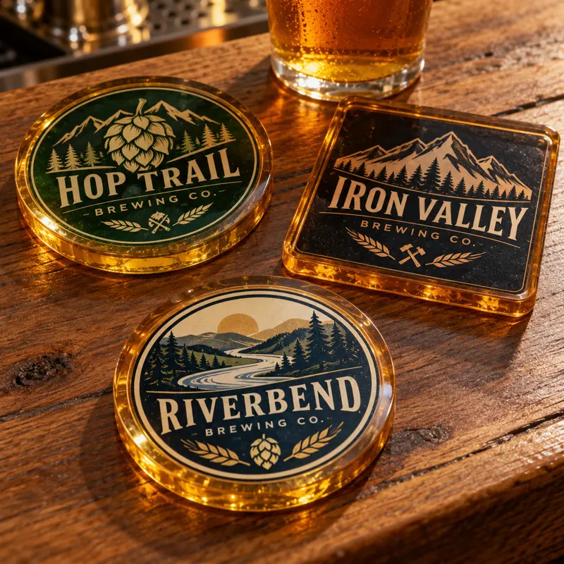Illustrative resin brewery coasters with different brewery logo samples