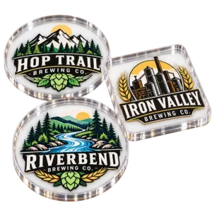 Brewery acrylic coasters with custom brewery logo samples on a transparent background