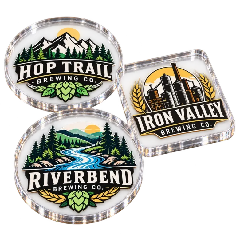 Brewery acrylic coasters with custom brewery logo samples on a transparent background