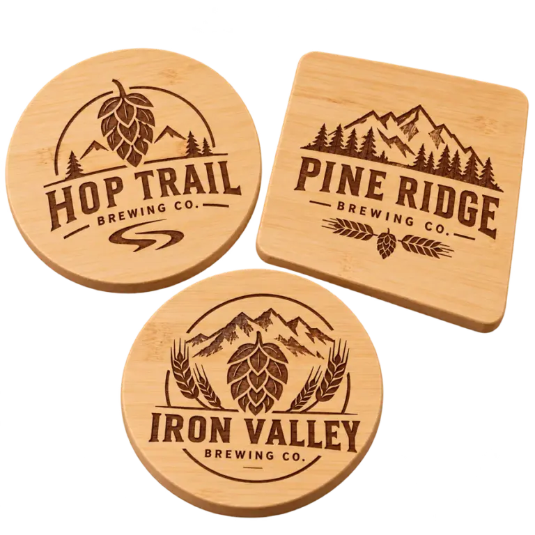 Brewery bamboo coasters with custom brewery logo samples on a transparent background