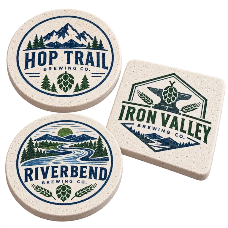 Brewery diatom coasters with custom brewery logo samples on a transparent background