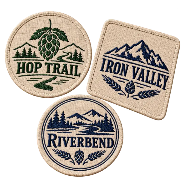 Brewery fabric coasters with custom brewery logo samples on a transparent background