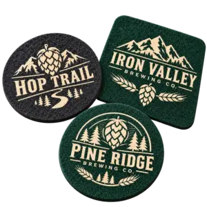 Brewery felt coasters with custom brewery logo samples on a transparent background