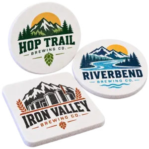 Brewery foam coasters with custom brewery logo samples on a transparent background