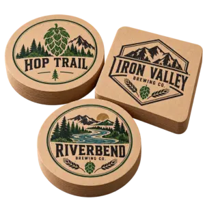 Brewery kraft coasters with custom brewery logo samples on a transparent background