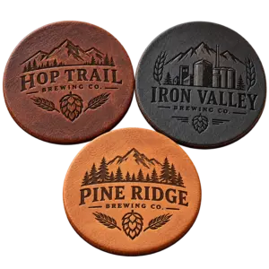 Brewery leather coasters with custom brewery logo samples on a transparent background