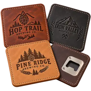 Brewery leather opener coasters with custom brewery logo samples on a transparent background