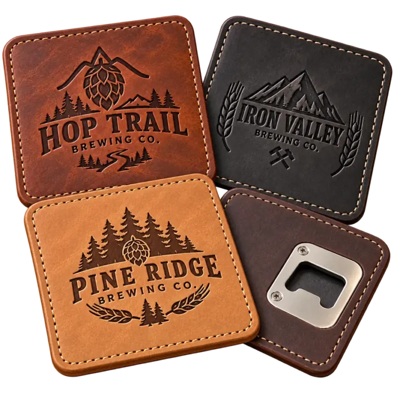 Brewery leather opener coasters with custom brewery logo samples on a transparent background