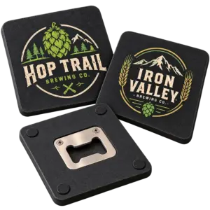 Brewery opener coasters with custom brewery logo samples on a transparent background