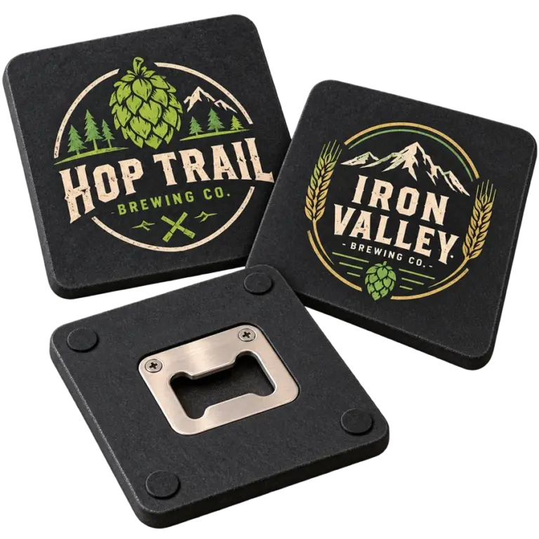 Brewery opener coasters with custom brewery logo samples on a transparent background