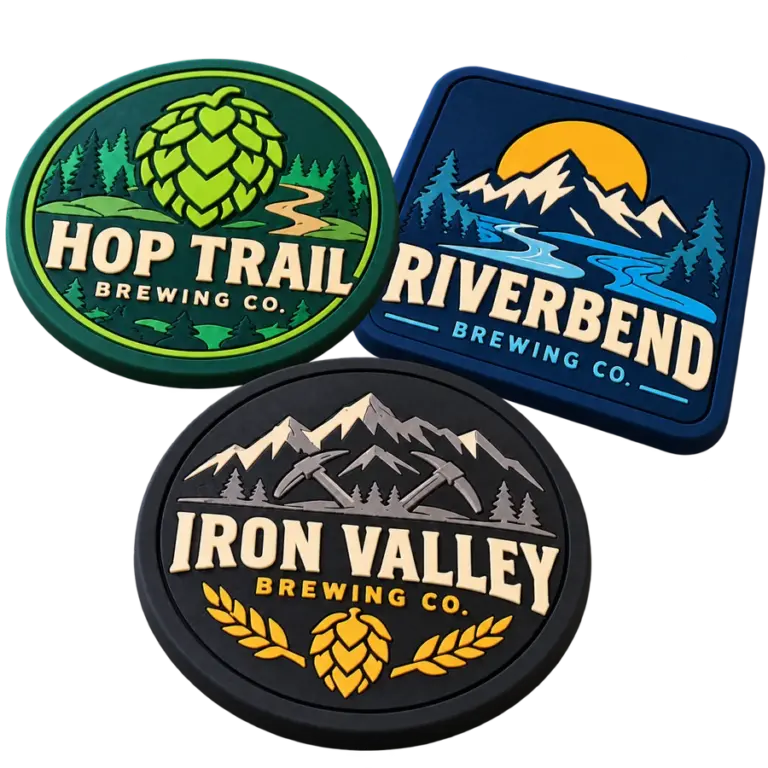 Brewery pvc coasters with custom brewery logo samples on a transparent background