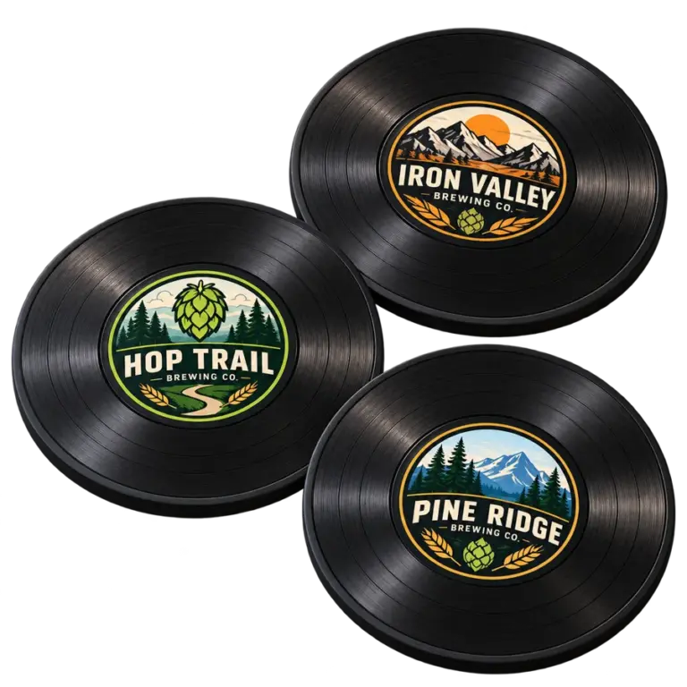 Brewery record coasters with custom brewery logo samples on a transparent background