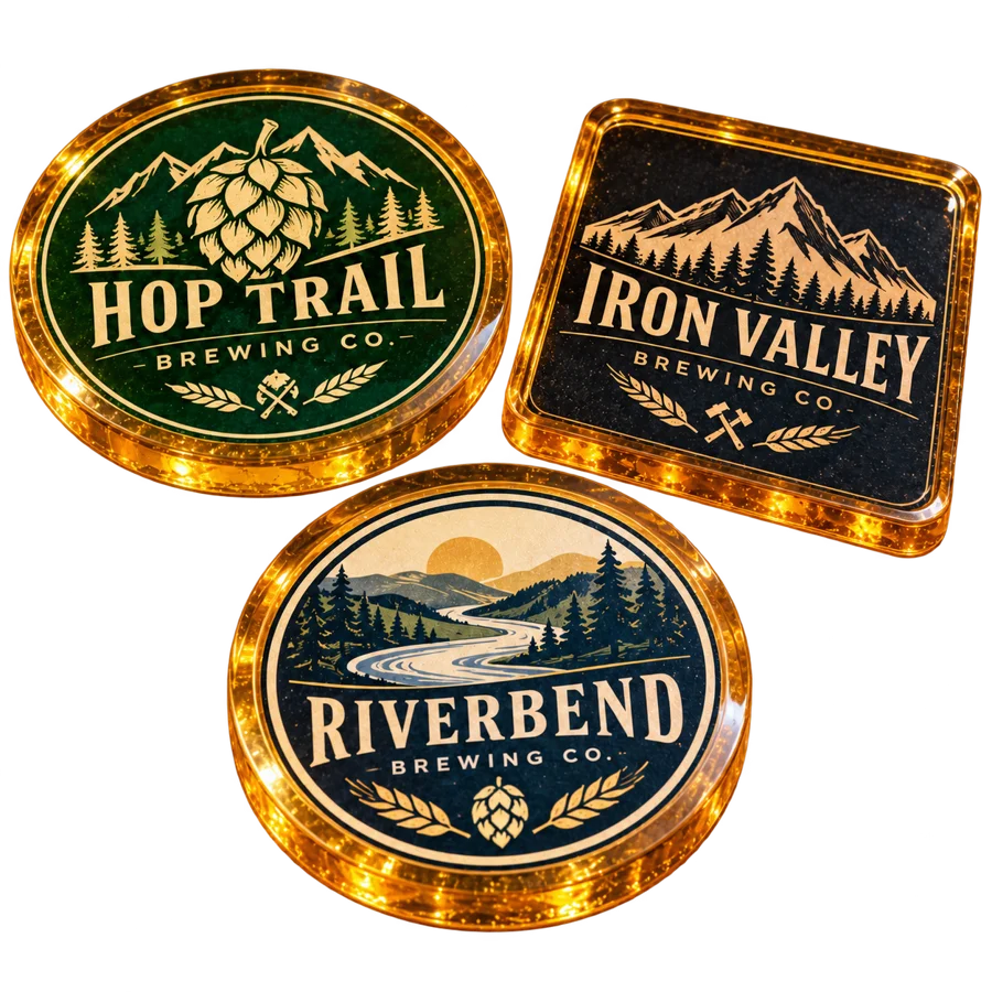 Brewery resin coasters with custom brewery logo samples on a transparent background