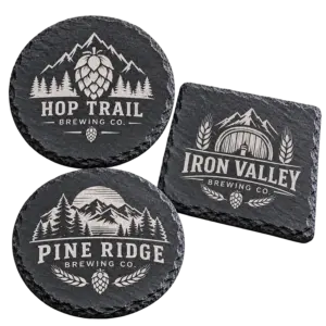 Brewery stone coasters with custom brewery logo samples on a transparent background