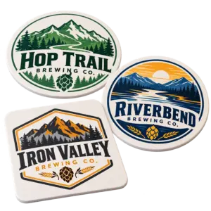 Brewery vinyl coasters with custom brewery logo samples on a transparent background